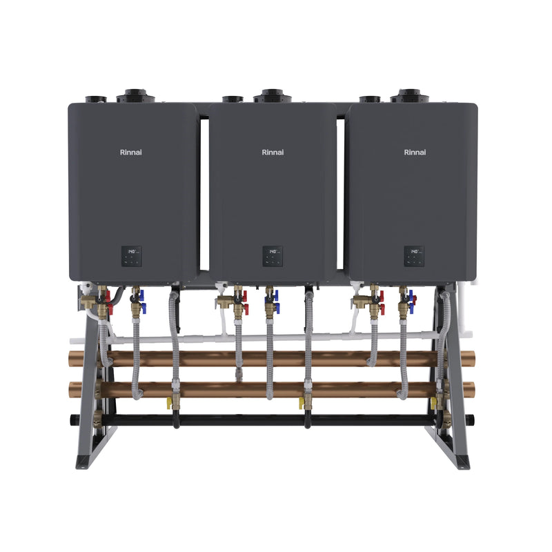 Rinnai Commercial Rack System With Three Tankless Water Heater Freestanding