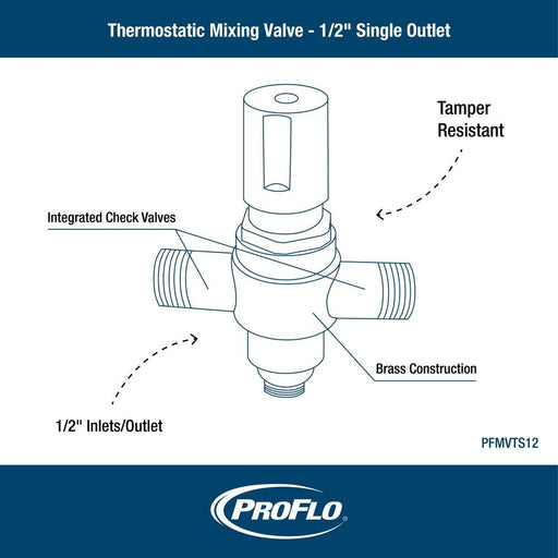 PROFLO 1/2" Brass Mixing Valve Thermostatic IAPMO Listed 200 PSI