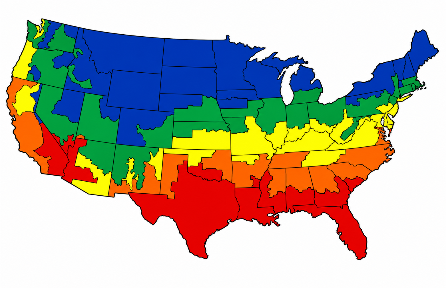 United States HVAC climate zones, from red in the hottest regions through orange, yellow, and green to blue in the coldest regions.